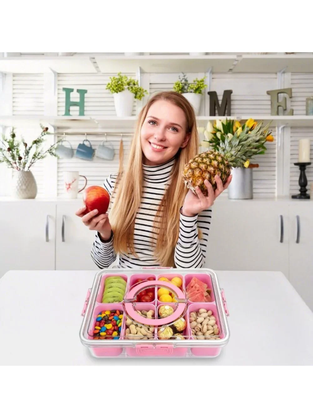 Versatile 8-Compartment Snack Tray with Lid & Handle - Perfect for Parties